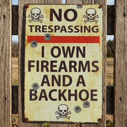 No Trespassing I Own Firearms And A Backhoe Rustic Metal Tin Sign 11 3/4 inch