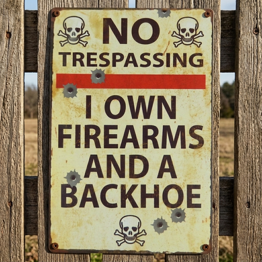No Trespassing I Own Firearms And A Backhoe Rustic Metal Tin Sign 11 3/4 inch