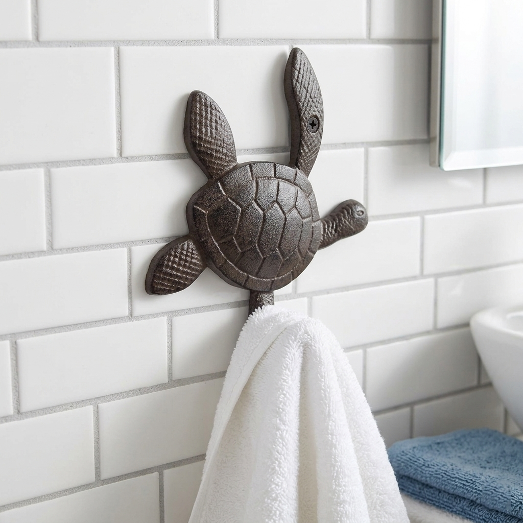Brown Sea Turtle Wall Hook Cast Iron Key Towel Coat Hanger Nautical Beach Decor