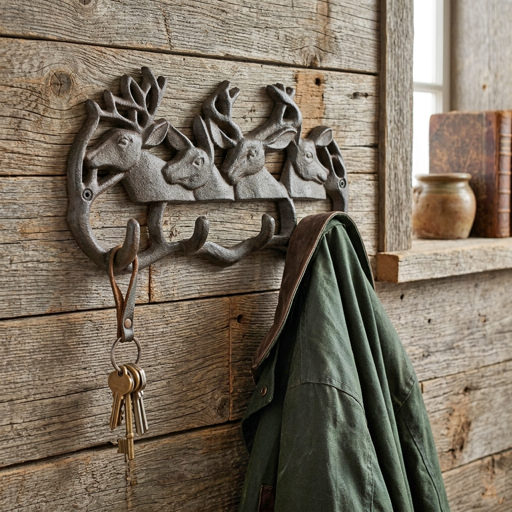 Cast Iron Deer Antler Wall Hook Rack Key Towel Coat Hanger Rustic Cabin Decor