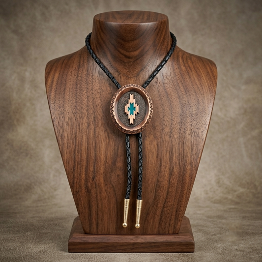 Vintage Copper Oval Aztec Bolo Tie Turquoise Enamel 36 inch Black Braided Cord