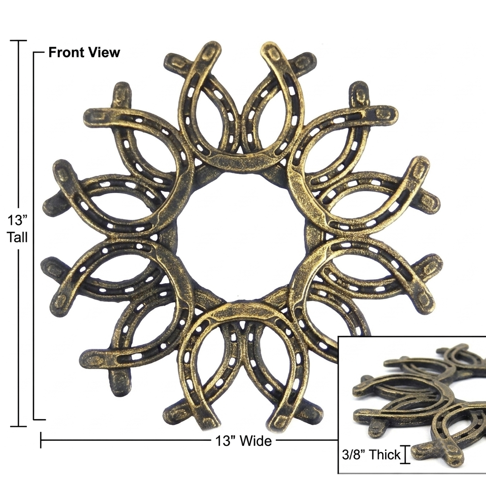 Cast Iron Mandala Lucky Horseshoe Wreath Wall Art Decor Antique Gold 13 inch