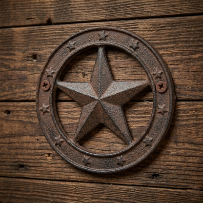 Cast Iron Texas Star With Ring Western Barn Decor Rustic Antique Style 6 1/4 inch