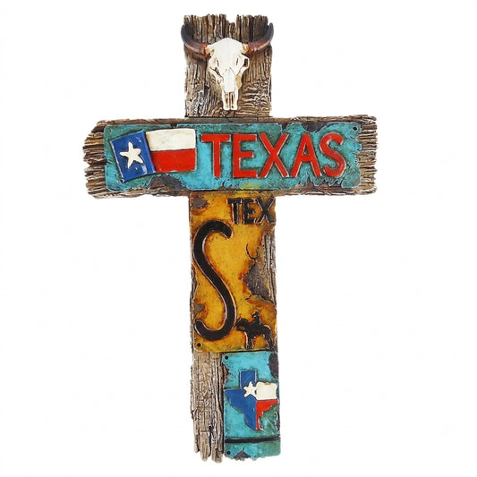 Texas Symbols Wall Cross License Plate TX Flag Map Collage Weathered Wood Look