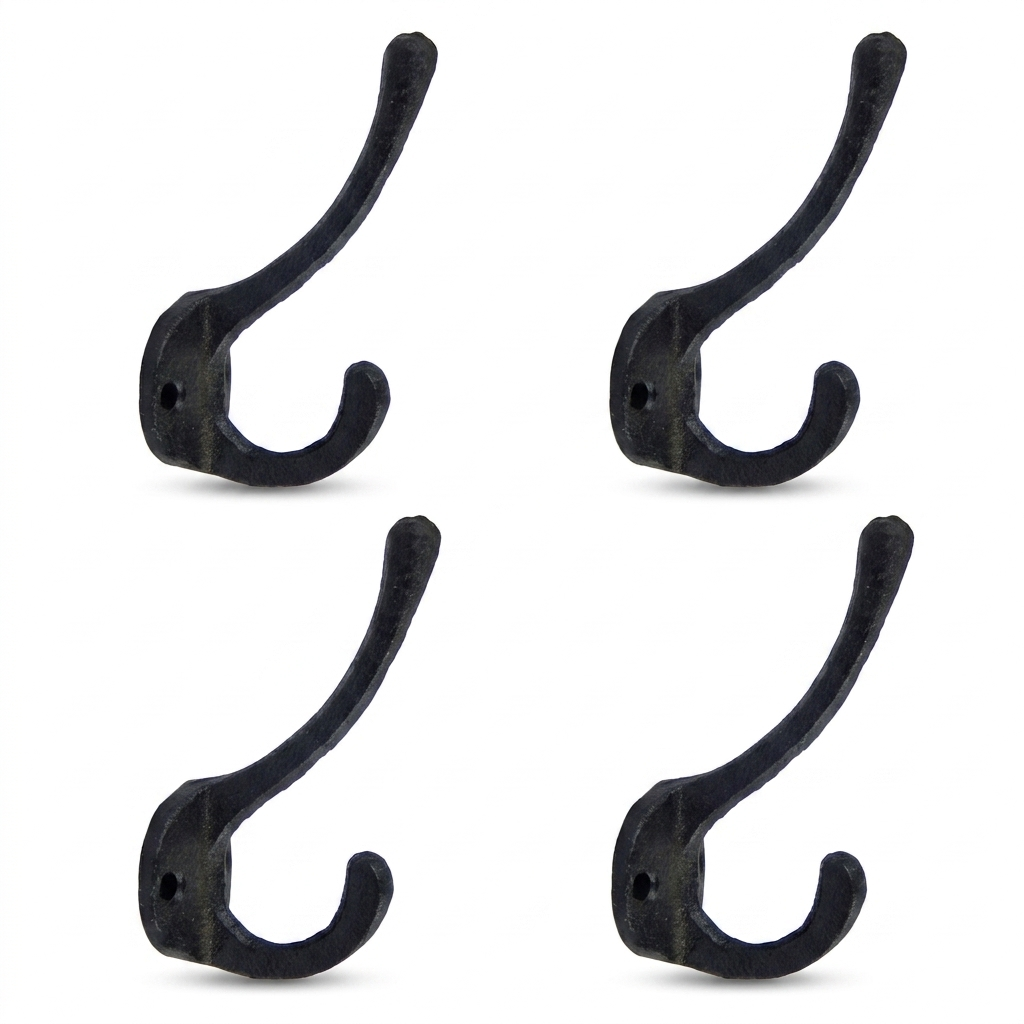 Cast Iron Double Wall Hook Key Towel Coat Hanger Matte Black (Pack of 4)