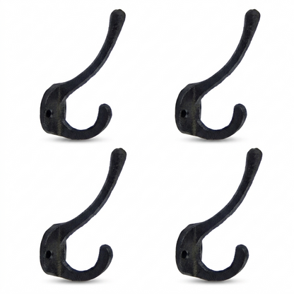 Cast Iron Double Wall Hook Key Towel Coat Hanger Matte Black (Pack of 4)