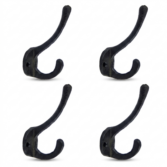 Cast Iron Double Wall Hook Key Towel Coat Hanger Matte Black (Pack of 4)