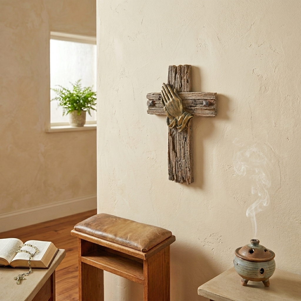 Praying Hands Wall Cross Faux Wood Look Hand Painted Polyresin Religious Decor
