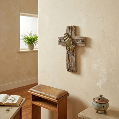 Praying Hands Wall Cross Faux Wood Look Hand Painted Polyresin Religious Decor