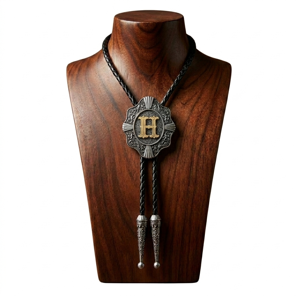 Initial Letter "H" Bolo Tie Western 38" Genuine Leather Cord Detailed Tips