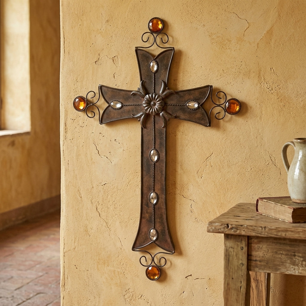 Large Metal Wall Cross Jewels Rust Brown Old World Tuscan Antique Style 28.5 in