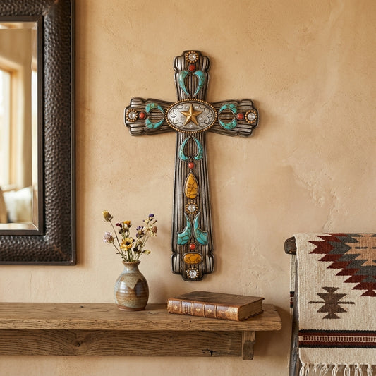 Western Southwestern Wall Cross Faux Turquoise Coral Rhinestones Texas Star 18"