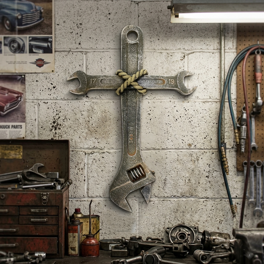 Adjustable Wrench Resin Wall Cross Mechanic Man Cave Car Garage Decor 11 3/8 in