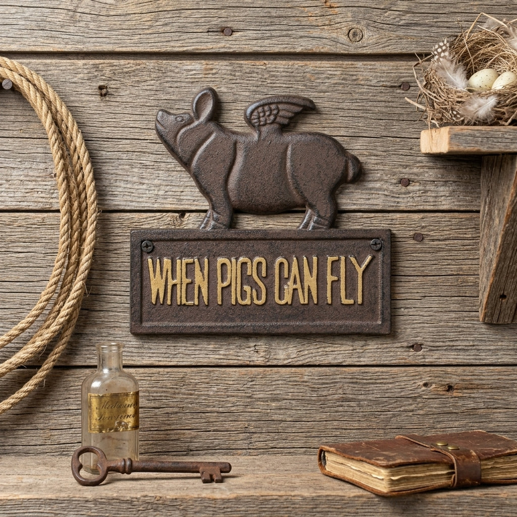 Cast Iron Flying Pig Sign When Pigs Can Fly Wall Plaque Rustic Decor 8" x 7.5"