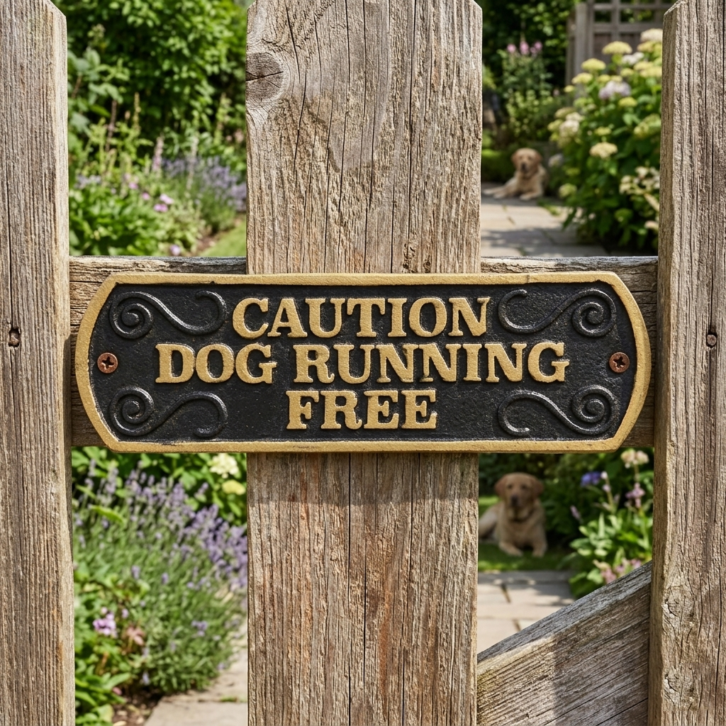 Caution Dog Running Free Cast Iron Plaque Sign Embossed Letters Black Gold