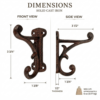 4 Cast Iron Rustic Vines Double Wall Hook Key Towel Coat Purse Door Hanger Brown