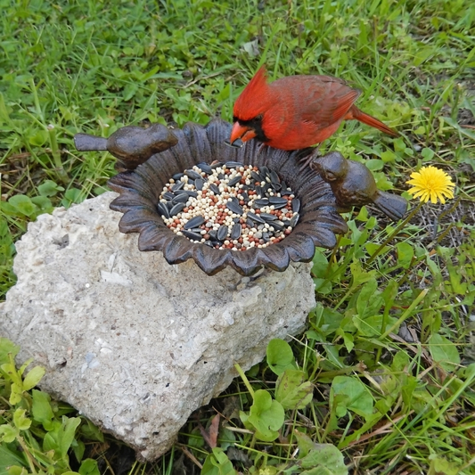 Small Cast Iron Sunflower Perched Birds Feeder Free Standing Garden Porch Decor