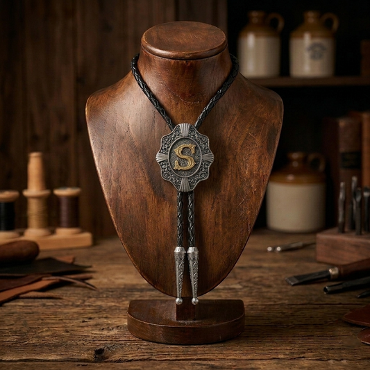 Initial Letter "S" Bolo Tie Western 38" Braided Leather Cord Detailed Tips