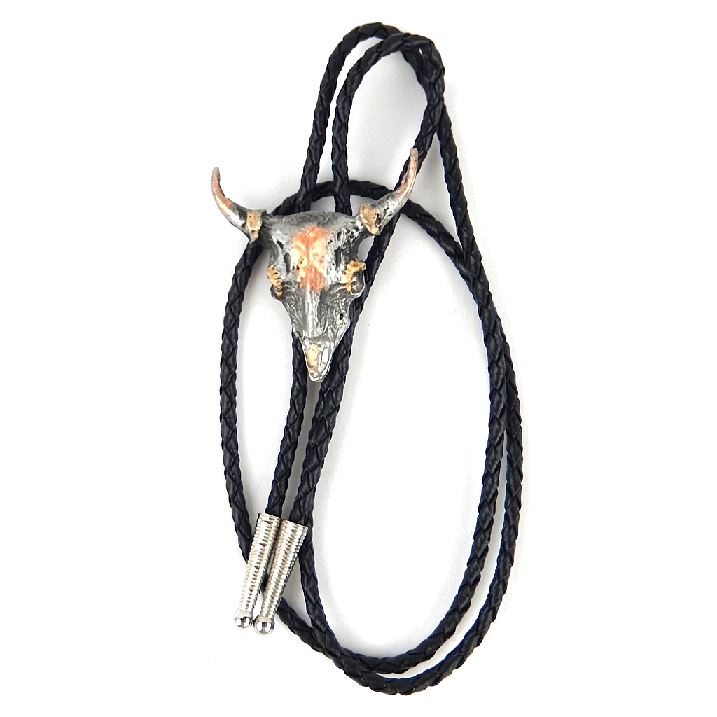Western Tri-Color Steer Head Skull Bolo Tie Adjustable 36 inch Cord Made in USA