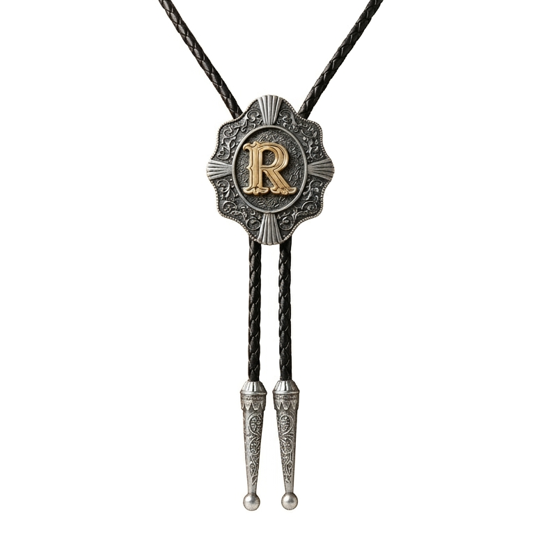 Initial Letter "R" Bolo Tie Western 38" Genuine Leather Cord Detailed Tips