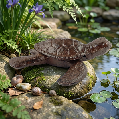 Small Cast Iron Baby Sea Turtle Figurine Statue Garden Pond Nautical Decor Brown
