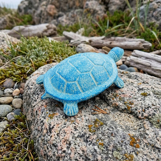 Cast Iron Turtle Figurine Antique Style Garden Pond Decor Sea Blue Finish 4.5 in