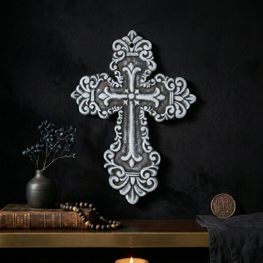 Rustic White Cast Iron Wall Cross Fleur De Lis Layered Floral Design 11 inch