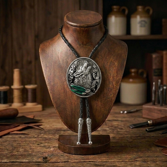 Howling Wolf Bolo Tie Silver Tone 42" Leather Cord Color Enamel Detailed Tips