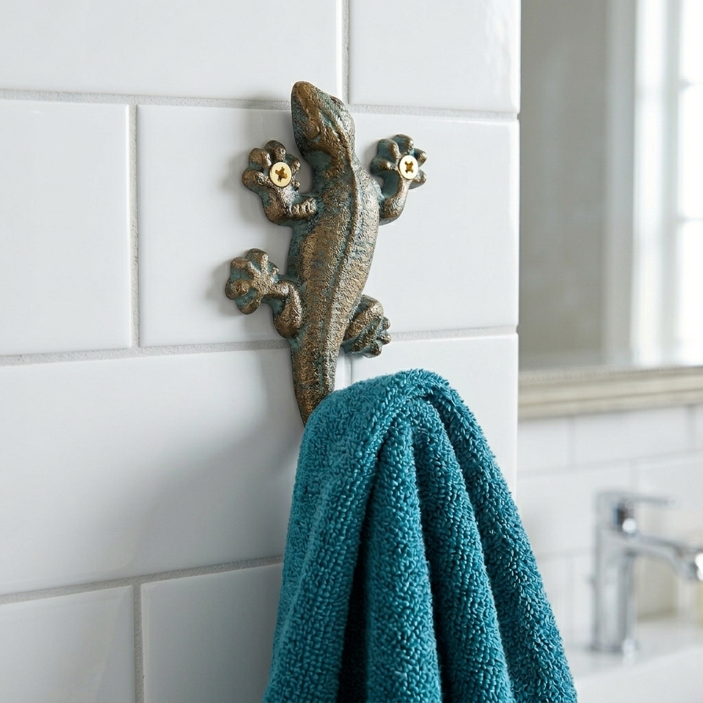 Green Gold Cast Iron Lizard Wall Hook Gecko Key Coat Towel Hanger Bathroom Decor