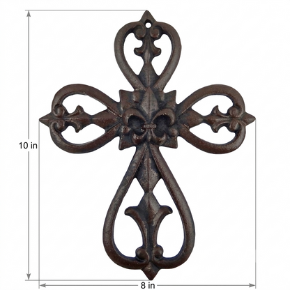 Fleur De Lis Wall Cross Cast Iron Rustic Tuscan Style Old World Decor 10 x 8"