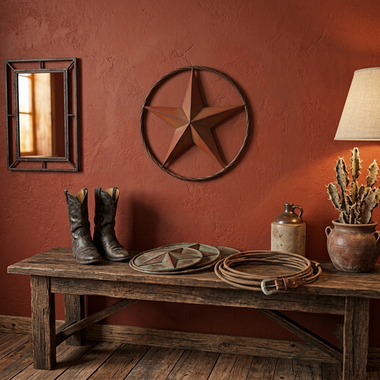 Rustic Metal Texas Barn Star Circle Wall Decor Rust Red Orange Finish 16 inch