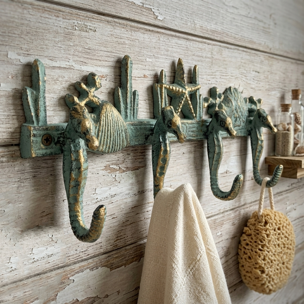 Cast Iron Seahorses Wall Hook Nautical Key Towel Coat Hanger Rack Green/Gold
