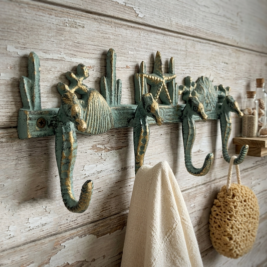 Cast Iron Seahorses Wall Hook Nautical Key Towel Coat Hanger Rack Green/Gold