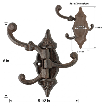 Rustic Swivel Hook Fleur De Lis Cast Iron Coat Hat Purse Towel Hanger Victorian