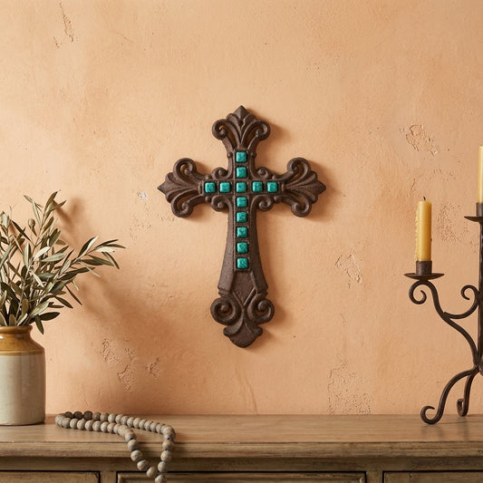 Fleur De Lis Metal Wall Cross Cast Iron Turquoise Stones Antique Finish 9 1/2"