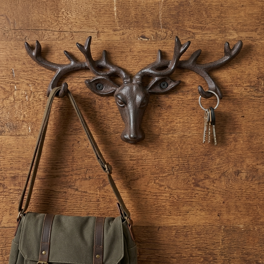 Deer Head Antler Key Rack Cast Iron Hook Coat Towel Hanger Wall Mounted