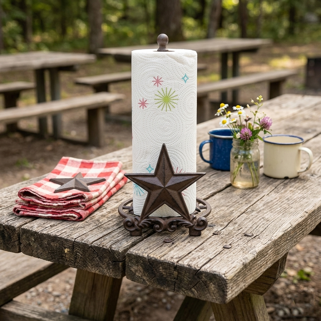 Cast Iron Star Paper Towel Holder Dispenser Tabletop Counter Top Rustic Western
