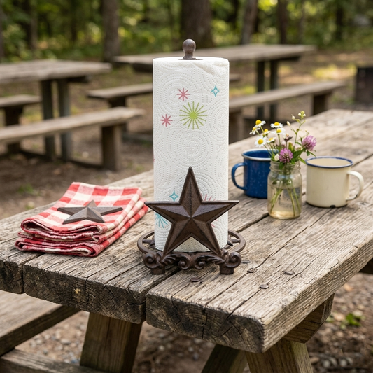 Cast Iron Star Paper Towel Holder Dispenser Tabletop Counter Top Rustic Western