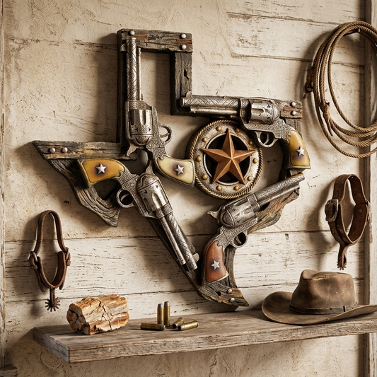 Western Texas Map Pistols Star Wall Plaque Sign Faux Wood Look Rustic 10 inch