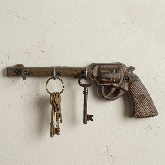 Gun Pistol Revolver Wall Hook Key Rack Cast Iron Rustic Western Brown Patina