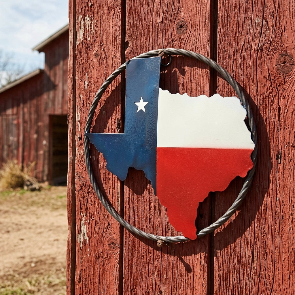 Metal Texas Map Outline Flag Wall Decor Round Rope Ring 9.5 inch