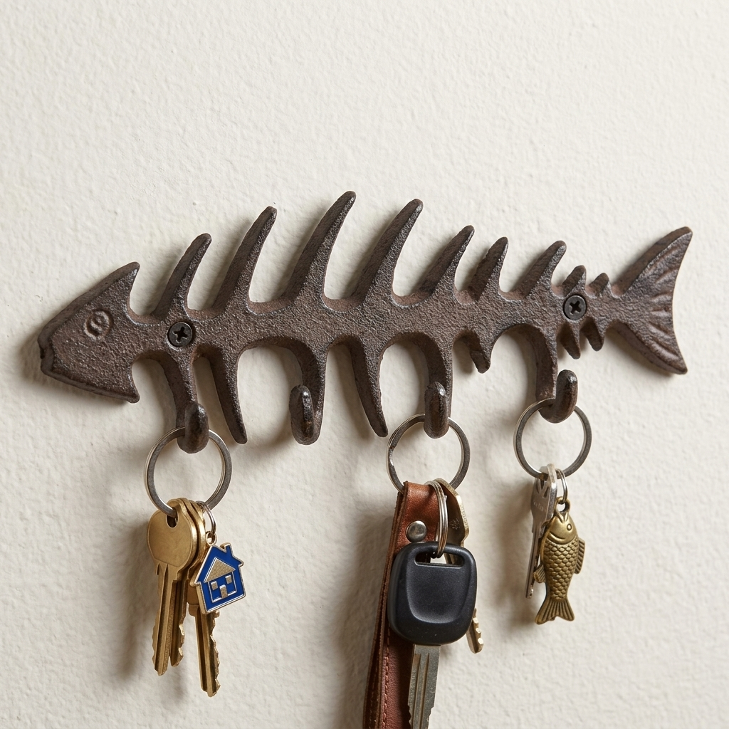 Fish Skeleton Bones Key Hook Rack Cast Iron Antique Style Rustic Nautical Decor