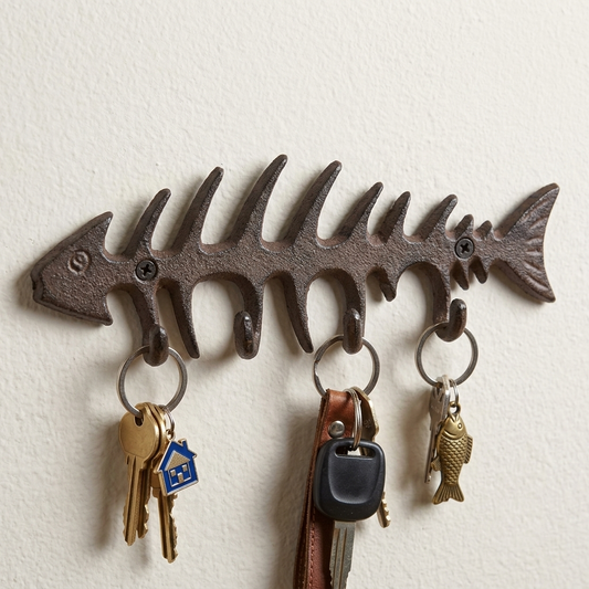 Fish Skeleton Bones Key Hook Rack Cast Iron Antique Style Rustic Nautical Decor