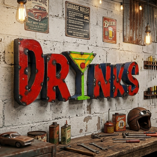 DRINKS Martini Glass Recycled Metal Sign Colorful Bar Cantina Wall Decor 21.5 in