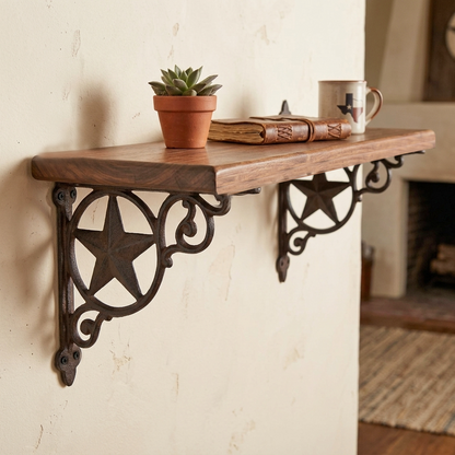 2 Star Scrolls Shelf Brackets Cast Iron Rustic Western Braces Antique Brown 9 in
