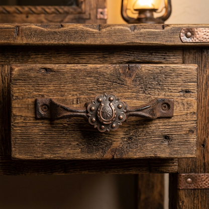 Rustic Cast Iron Horseshoe Door Handle Drawer Pull Floral Copper Concho 6 inch