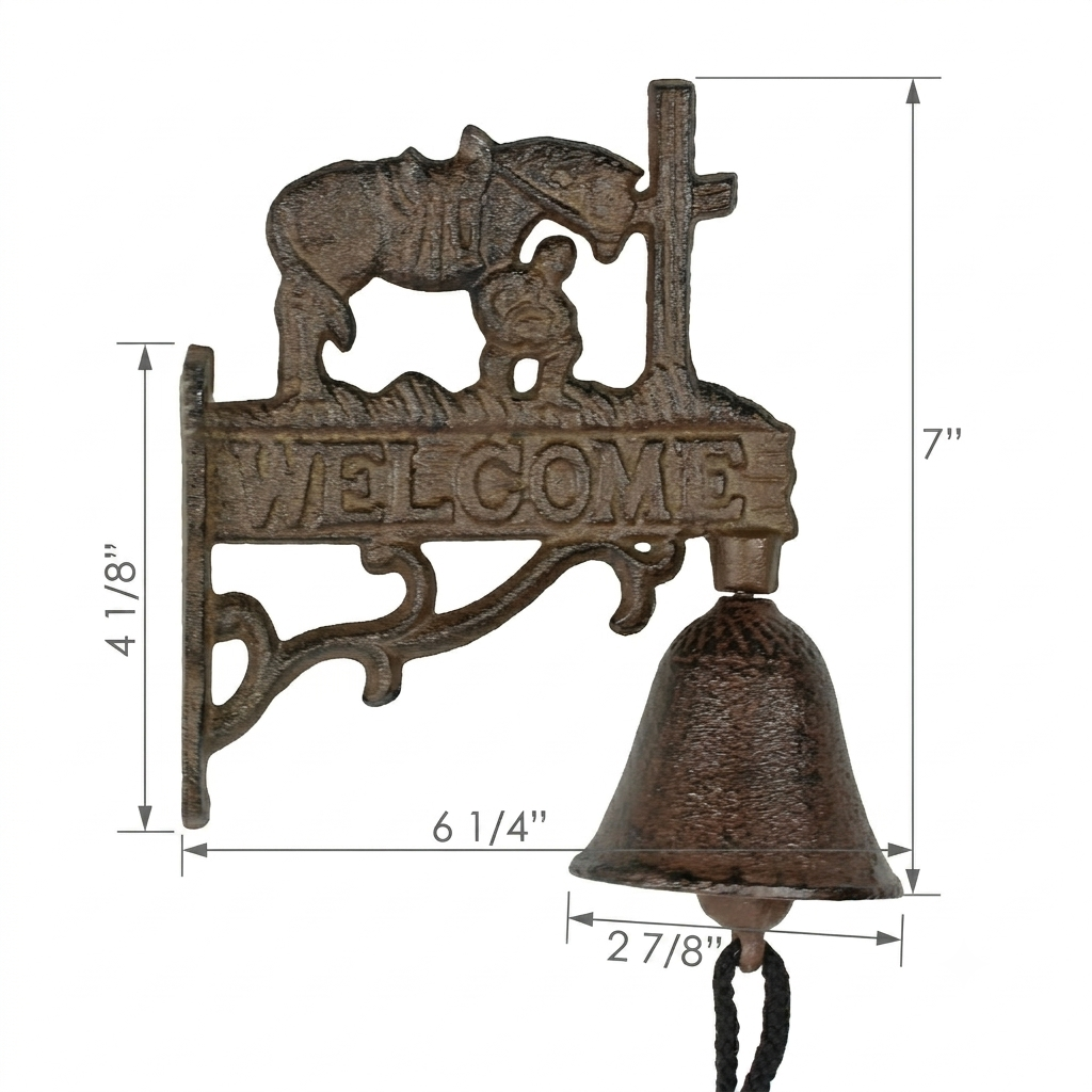 Small Welcome Dinner Bell Cast Iron Cowboy Kneeling Cross Horse Rustic Brown