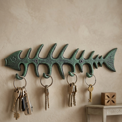 Fish Bone Key Rack Cast Iron Skeleton Hook Coat Towel Hanger Turquoise Finish