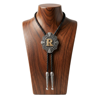 Initial Letter "R" Bolo Tie Western 38" Genuine Leather Cord Detailed Tips