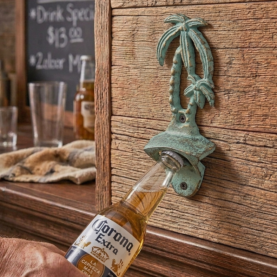Cast Iron Green Gold Palm Trees Tropical Beer Soda Bottle Opener Wall Mounted